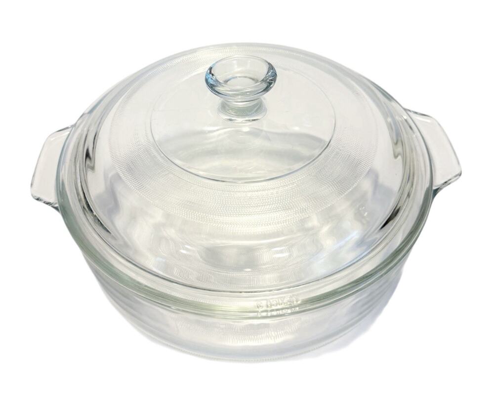 Vintage MCM Clear Glass Round 2qt Casserole Baking Dish w/Handles & Lid Mexico